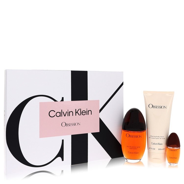 Obsession Gift Set By Calvin Klein - Size: 3.4 oz Eau De Parfum Spray + 6.7 oz Body Lotion + .5 oz Mini EDP Spray