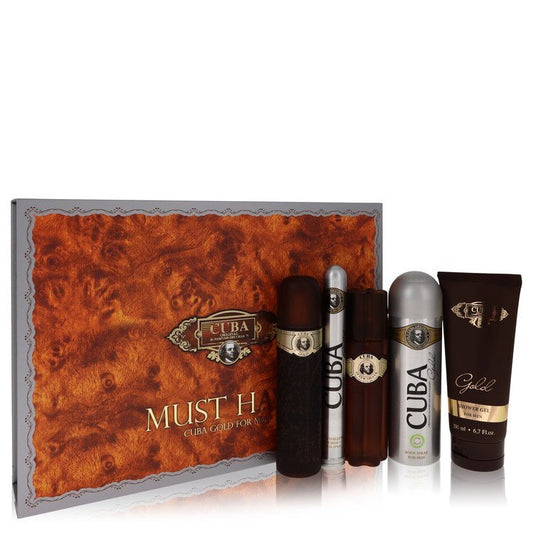 Cuba Gold Gift Set By Fragluxe - Size: 3.3 oz Eau De Toilette Spray + 3.3 oz After Shave Spray + 6.7 oz Body Deodorant Spray + 6.7 oz Shower Gel +  1.17 oz EDT Spray